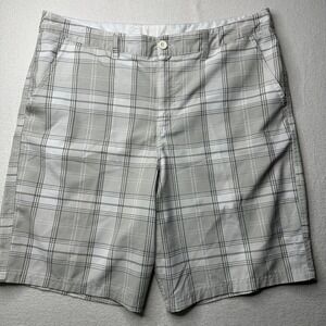 Elysian Mens Golf Shorts Grey White Plaid Performance Flat Front Size 36